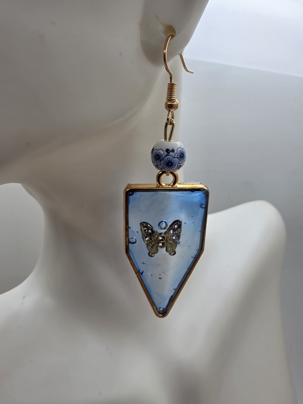 Blue Butterfly Resin Drop Earrings with Gold Accents